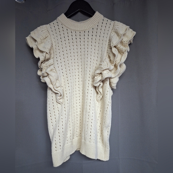 Who What Wear Button Closure Eyelet Open Knit Blouse Ruffled Dolman Short Sleeve - Picture 5 of 8